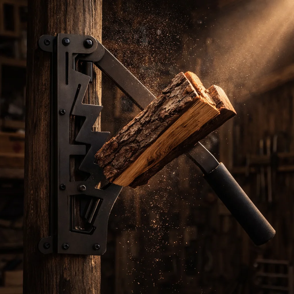 Närbild på Vedkraft väggmonterad vedklyv som visar hantverket och konstruktionen
