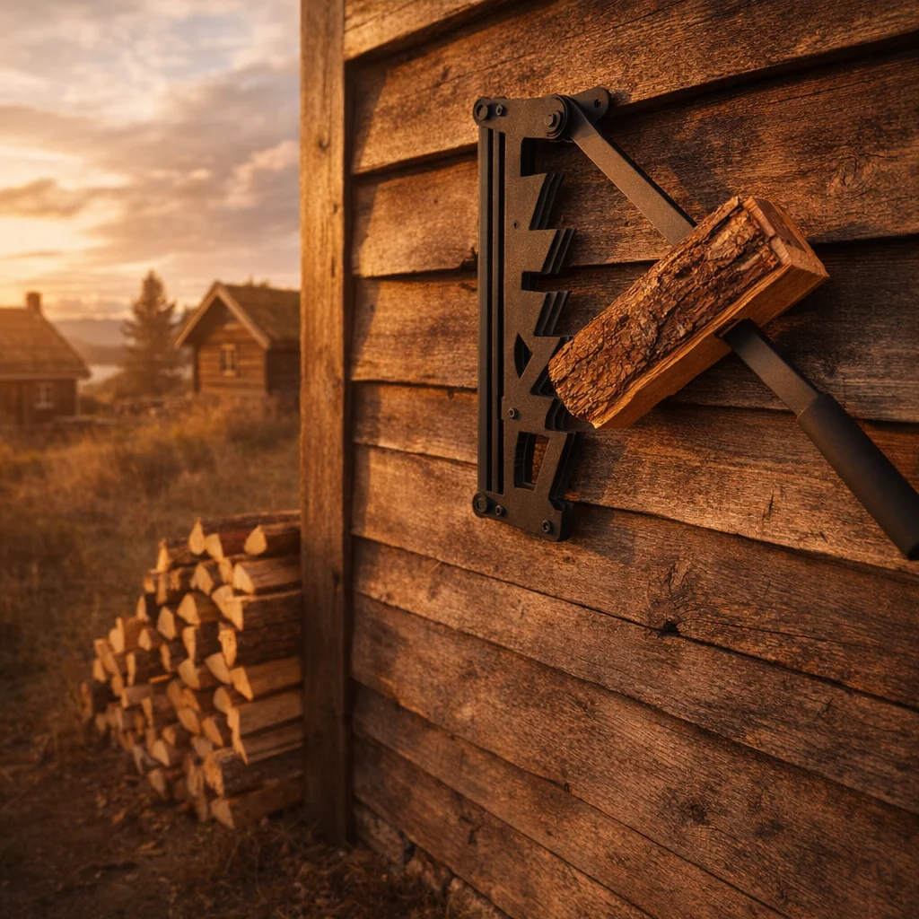 Vedklyv väggmonterad monterad på väggen i ett skandinaviskt vedförråd