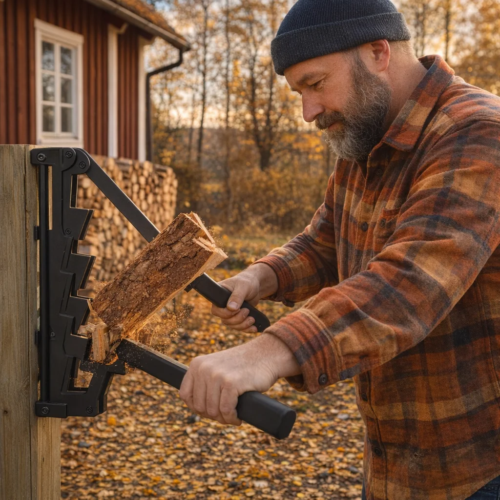 Man klyver tändved med Vedkraft väggmonterad vedklyv vid ett rött stugehus