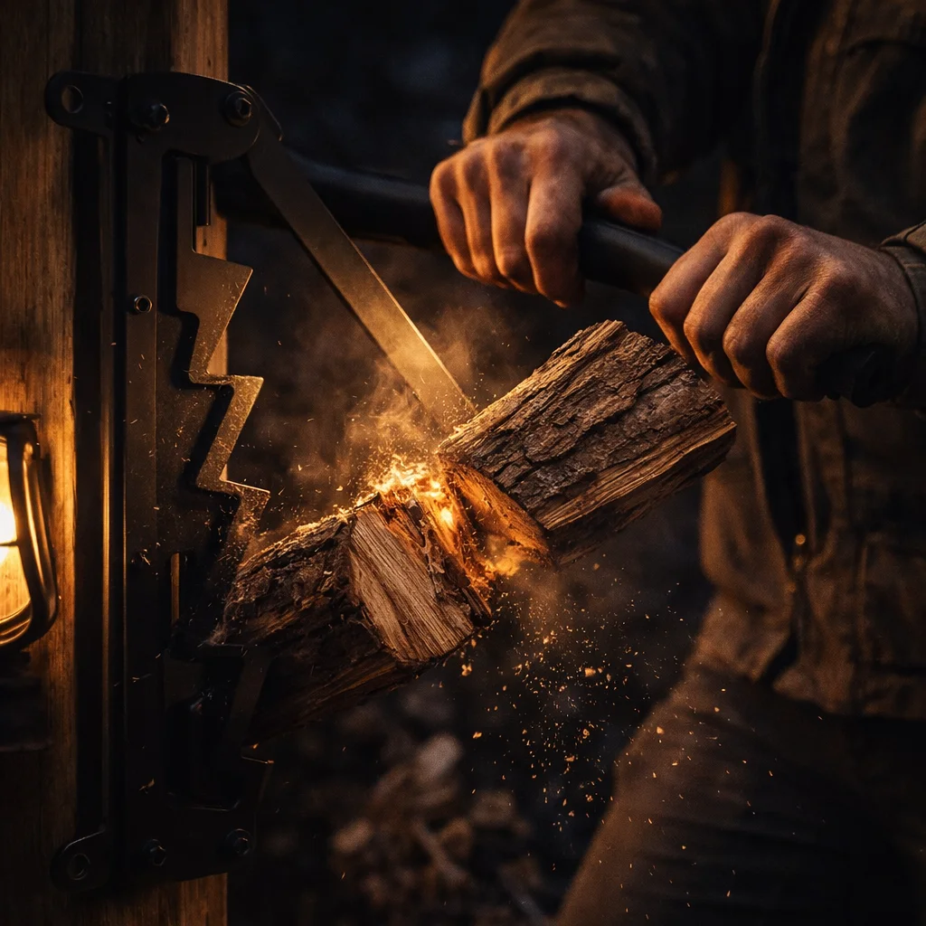 Narbild pa vedklyv väggmonterad under anvandning, visar klyvmekanismen och det ergonomiska handtaget