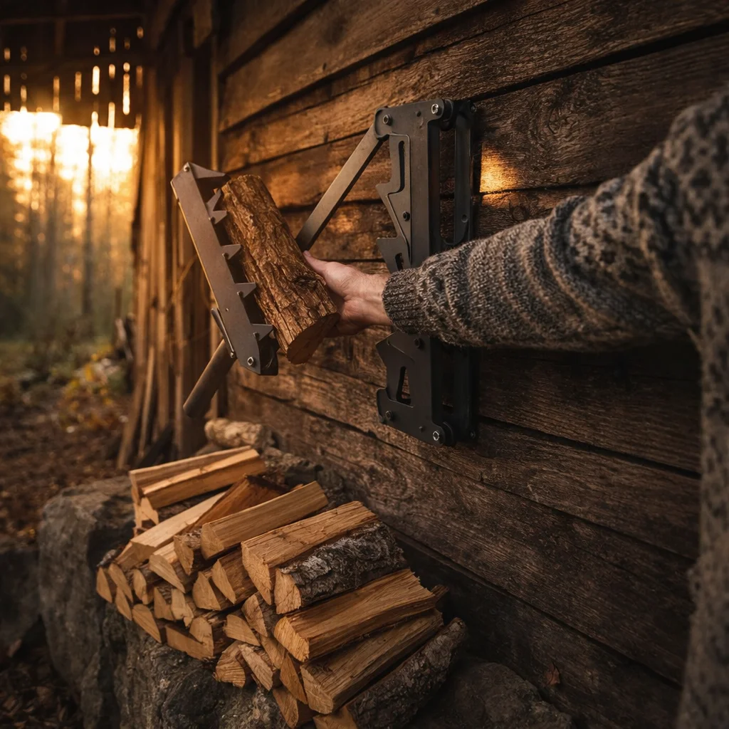 Vedklyv väggmonterad monterad i ett skandinaviskt vedförråd med nyklyven tändved