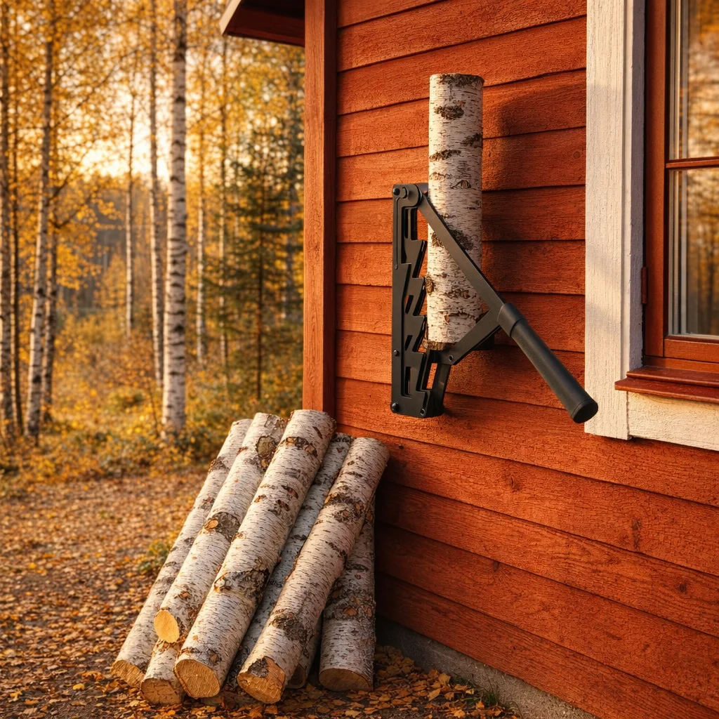 Vedkraft vedklyv väggmonterad pa stuggaveln - perfekt for stugliv och friluftsliv